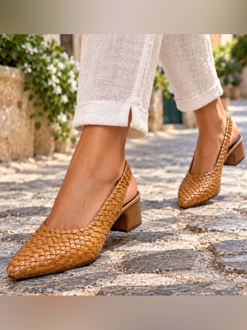 Enzo Angiolini Woven Leather Basketweave Slingback 1.75” Block Heel Pumps - Sz.9